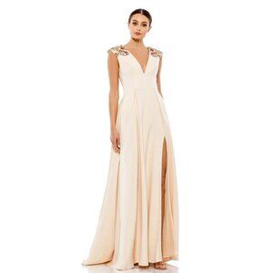 NWT Mac Duggal Beaded Cap Sleeve V Neck A Line Gown Vanilla 0